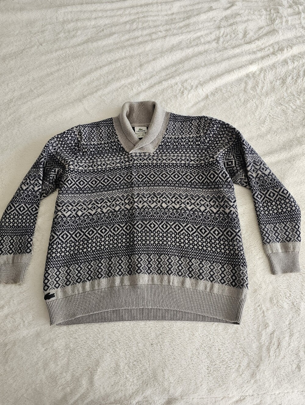 Lacoste Shawl Collar Knit Sweater in Light Gray and Navy - Men